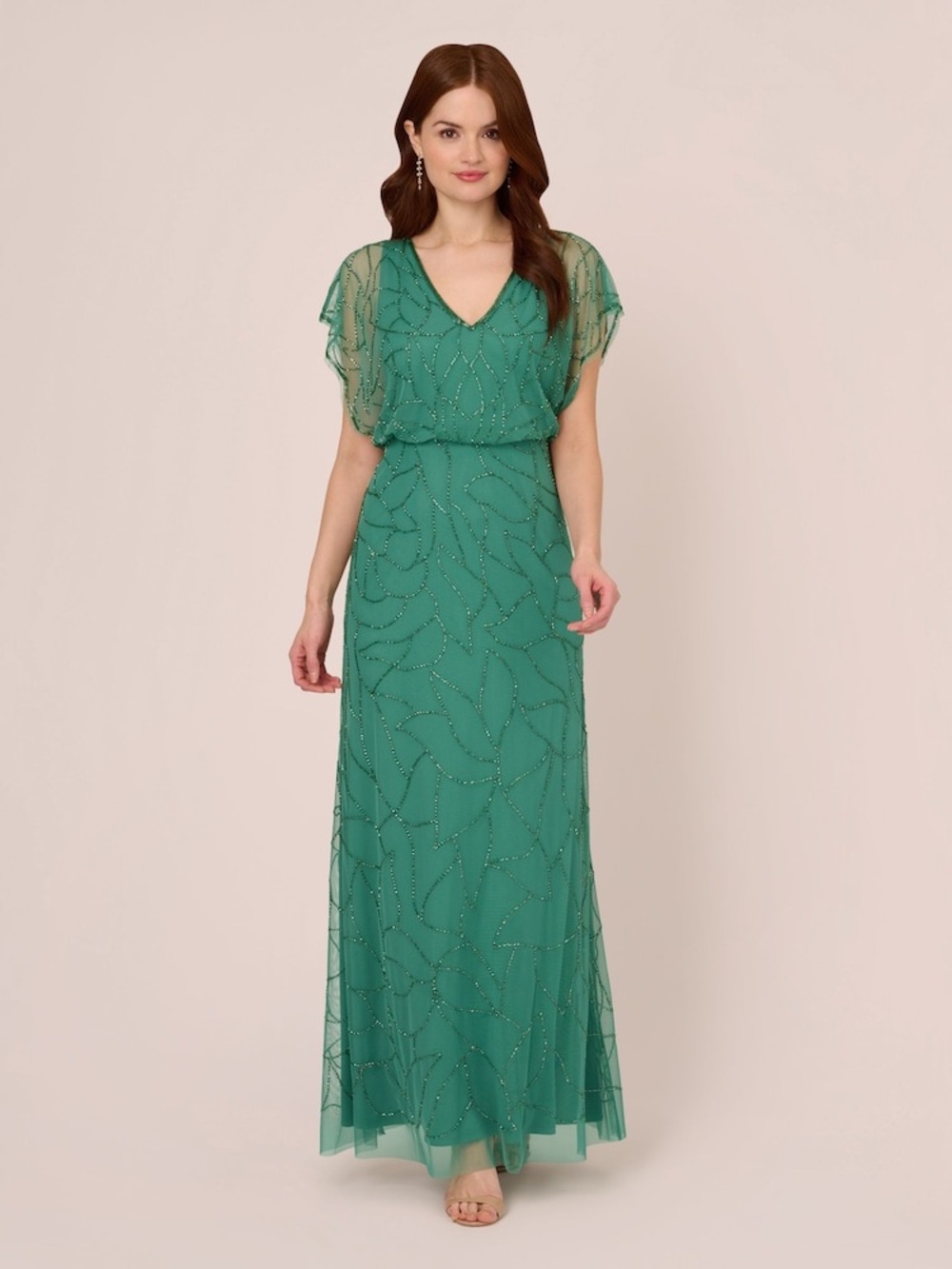 Adrianna Papell Size 18W Green Beaded Evening Gown NWT Flutter Sleeve GALA MOB